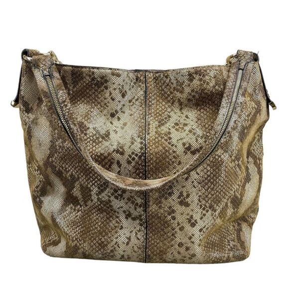 Antonio Melani Brown Tan Leather Snakeskin Studded Chain Handle Hobo Handbag - Picture 3 of 13